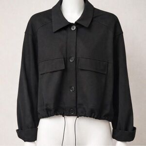 Max Studio London Cropped Black Jacket Drawstring Hem Y2K Med.